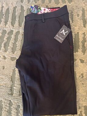 All Noir Slim Black Dress Pants with Floral Waistband Accent